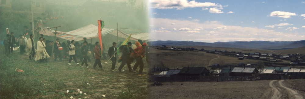 A funeral procession and Mongolian landscape. Copyright 2004, 2007 and 2026 Katherine Swancutt.